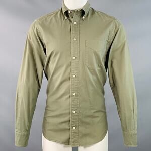M Green Olive Cotton Button Down Collar One Pocket Long Sleeve Shirt